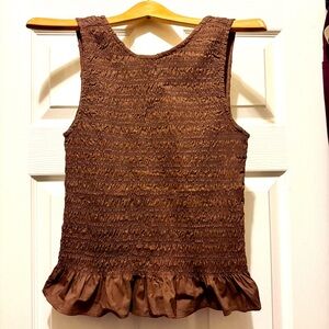Sim & Sam Tank Top Round Neck Ruffle Smocked stretchy Sleeveless Casual Brown XL